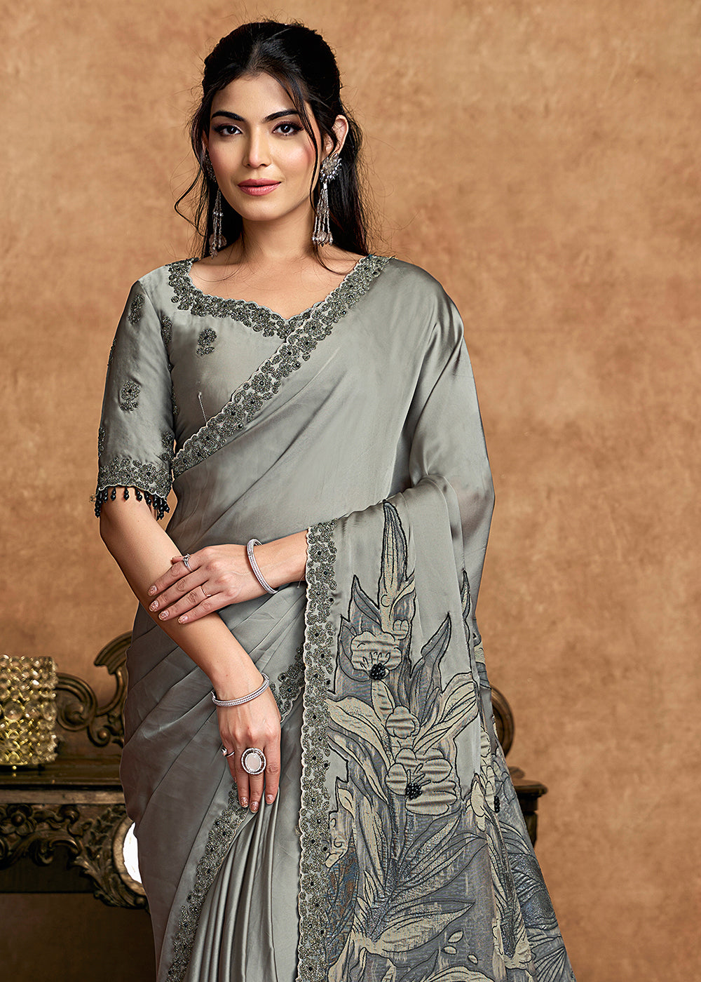 Buy Now Smoke Grey Embroidered Wedding Festive Wear Saree Online in US, UK, Canada, France, Germany, Denmark, Netherland, Sweden, UAE & Worldwide at Empress.