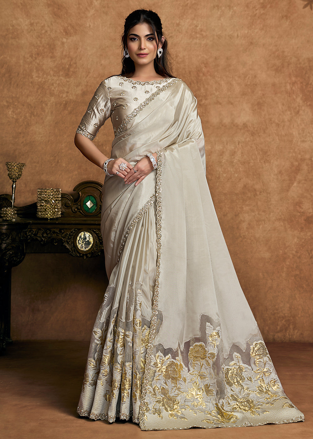 Buy Now Off White Embroidered Wedding Festive Wear Saree Online in US, UK, Canada, France, Germany, Denmark, Netherland, Sweden, UAE & Worldwide at Empress.