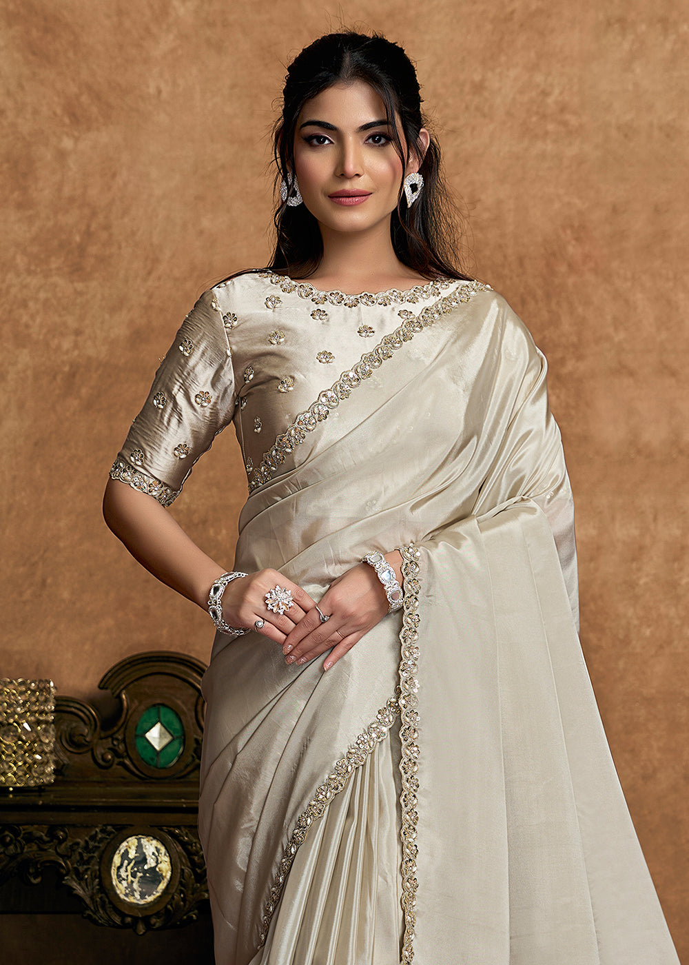 Buy Now Off White Embroidered Wedding Festive Wear Saree Online in US, UK, Canada, France, Germany, Denmark, Netherland, Sweden, UAE & Worldwide at Empress.