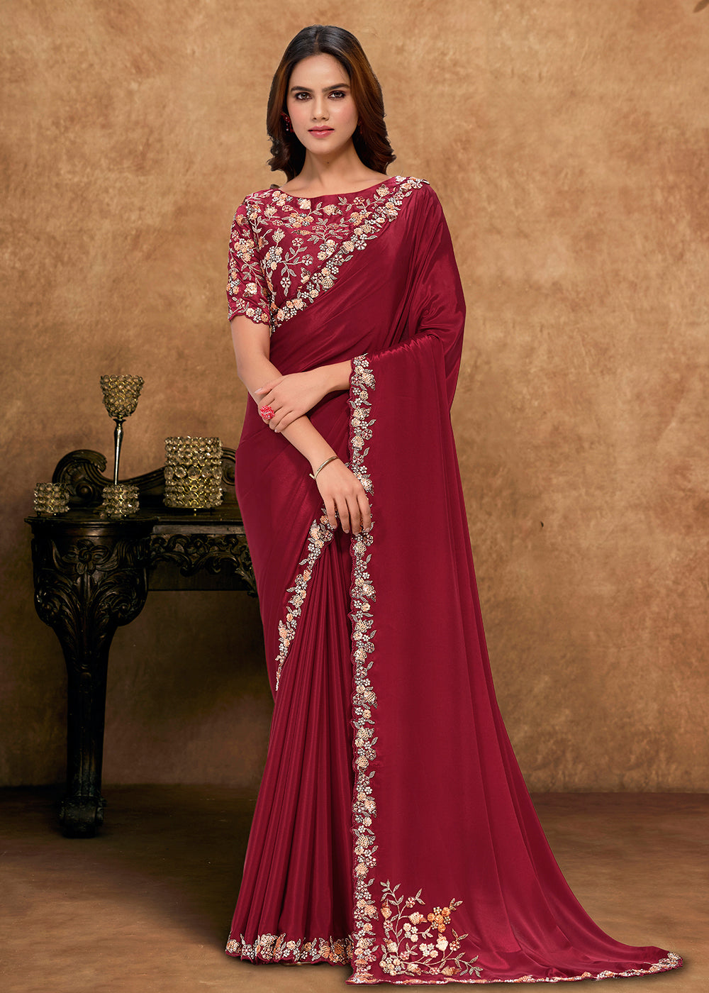 Buy Now Maroon Embroidered Wedding Festive Wear Saree Online in US, UK, Canada, France, Germany, Denmark, Netherland, Sweden, UAE & Worldwide at Empress.