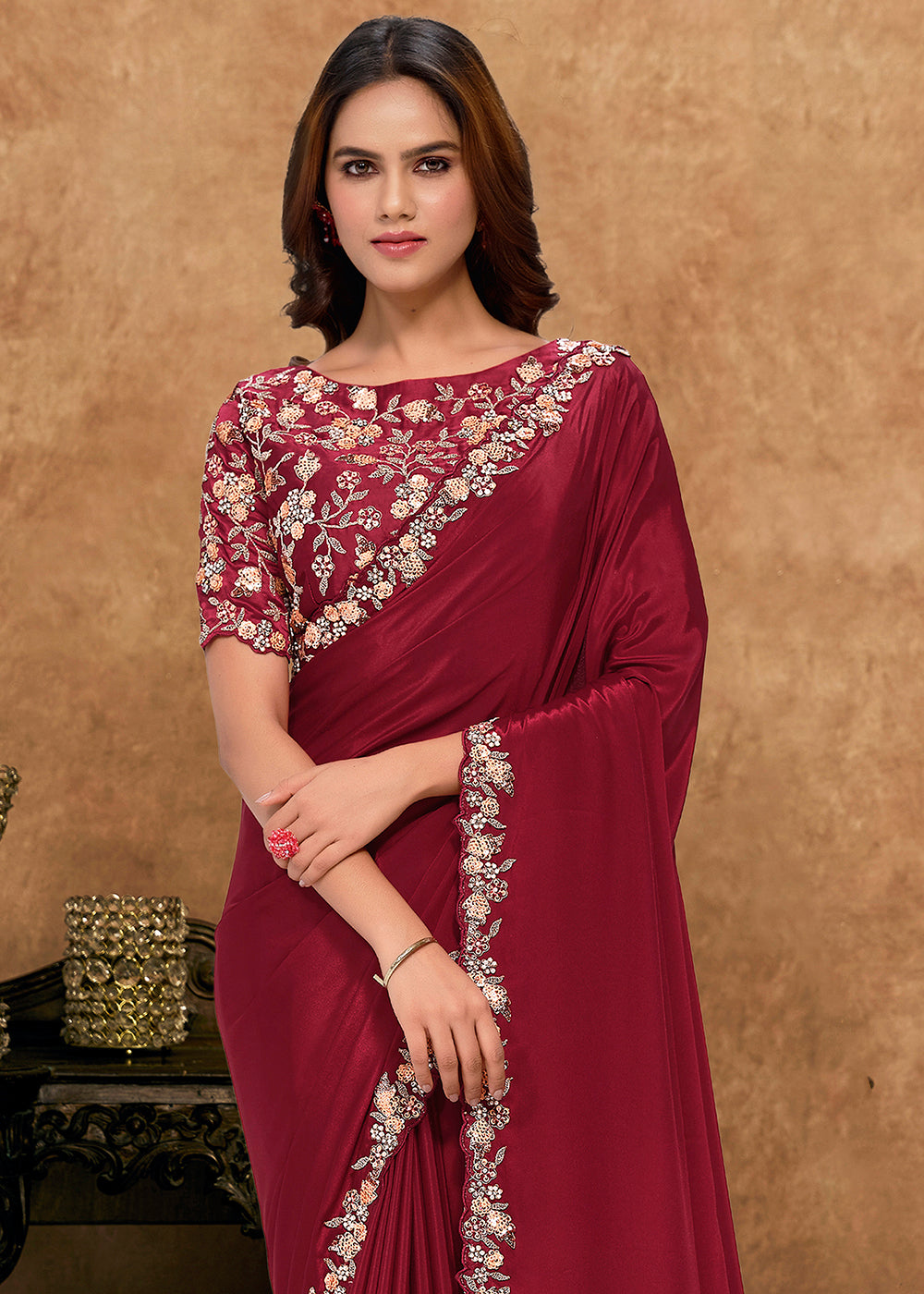 Buy Now Maroon Embroidered Wedding Festive Wear Saree Online in US, UK, Canada, France, Germany, Denmark, Netherland, Sweden, UAE & Worldwide at Empress.
