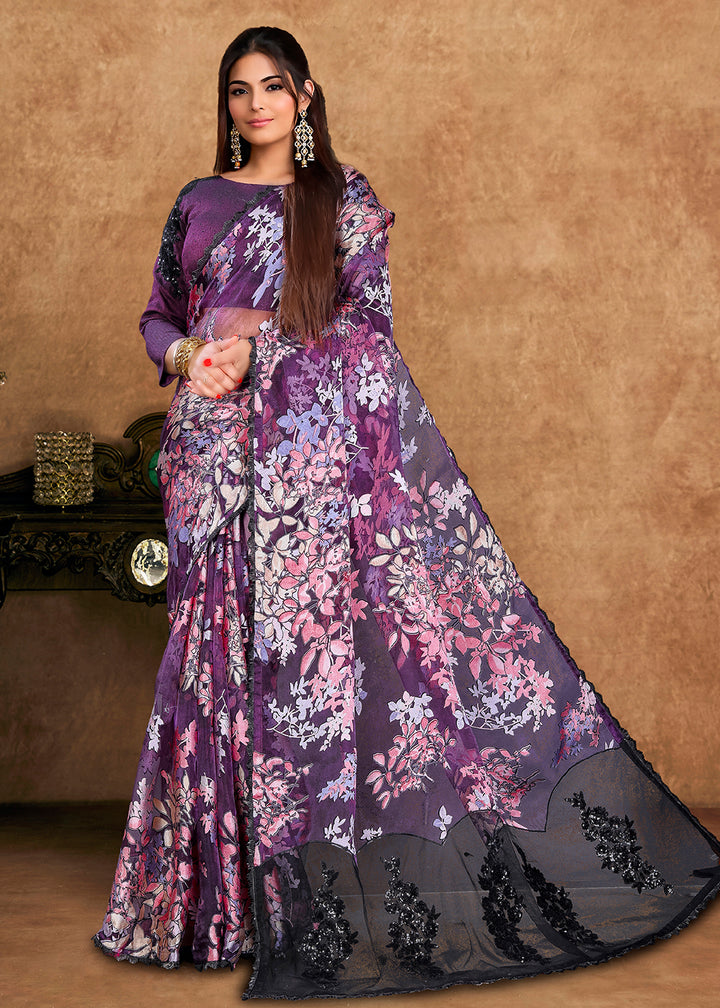 Buy Now Purple Embroidered Wedding Festive Wear Saree Online in US, UK, Canada, France, Germany, Denmark, Netherland, Sweden, UAE & Worldwide at Empress.
