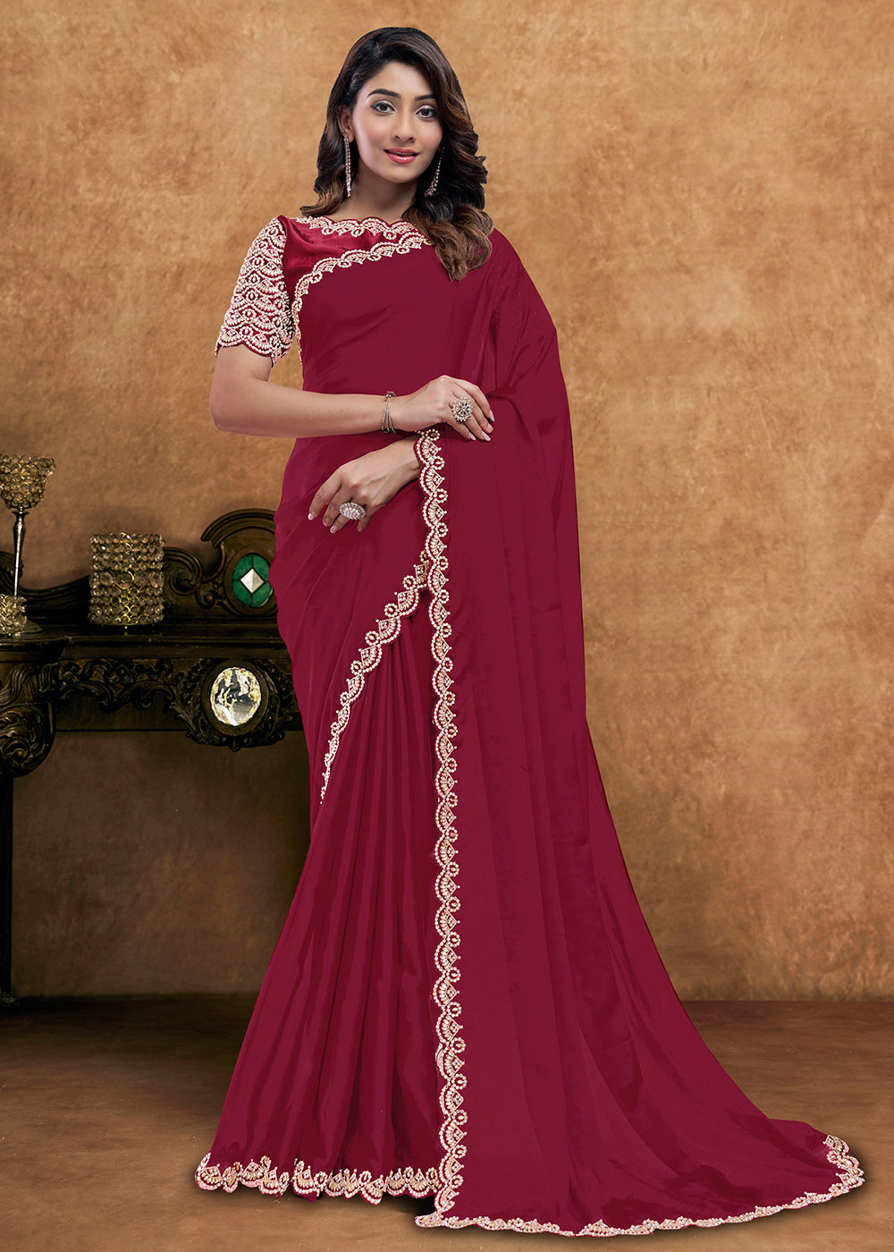 Buy Now Pure Maroon Embroidered Wedding Festive Wear Saree Online in US, UK, Canada, France, Germany, Denmark, Netherland, Sweden, UAE & Worldwide at Empress.