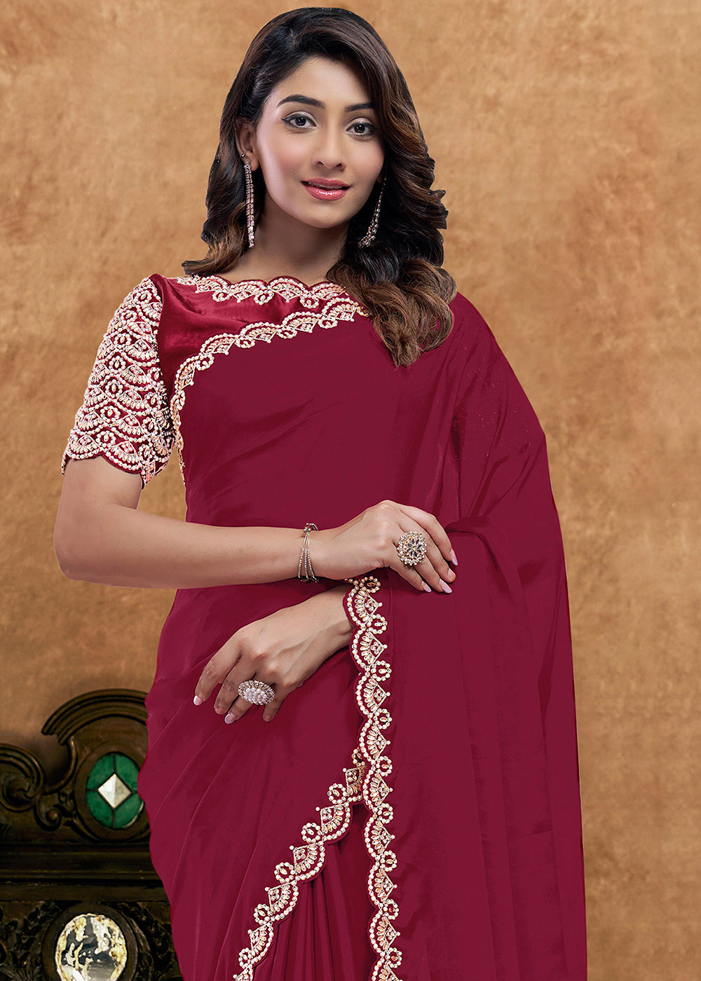 Buy Now Pure Maroon Embroidered Wedding Festive Wear Saree Online in US, UK, Canada, France, Germany, Denmark, Netherland, Sweden, UAE & Worldwide at Empress.