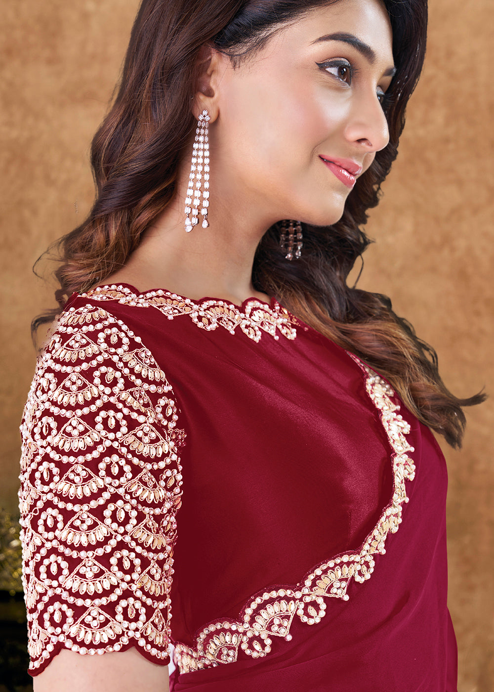 Buy Now Pure Maroon Embroidered Wedding Festive Wear Saree Online in US, UK, Canada, France, Germany, Denmark, Netherland, Sweden, UAE & Worldwide at Empress.