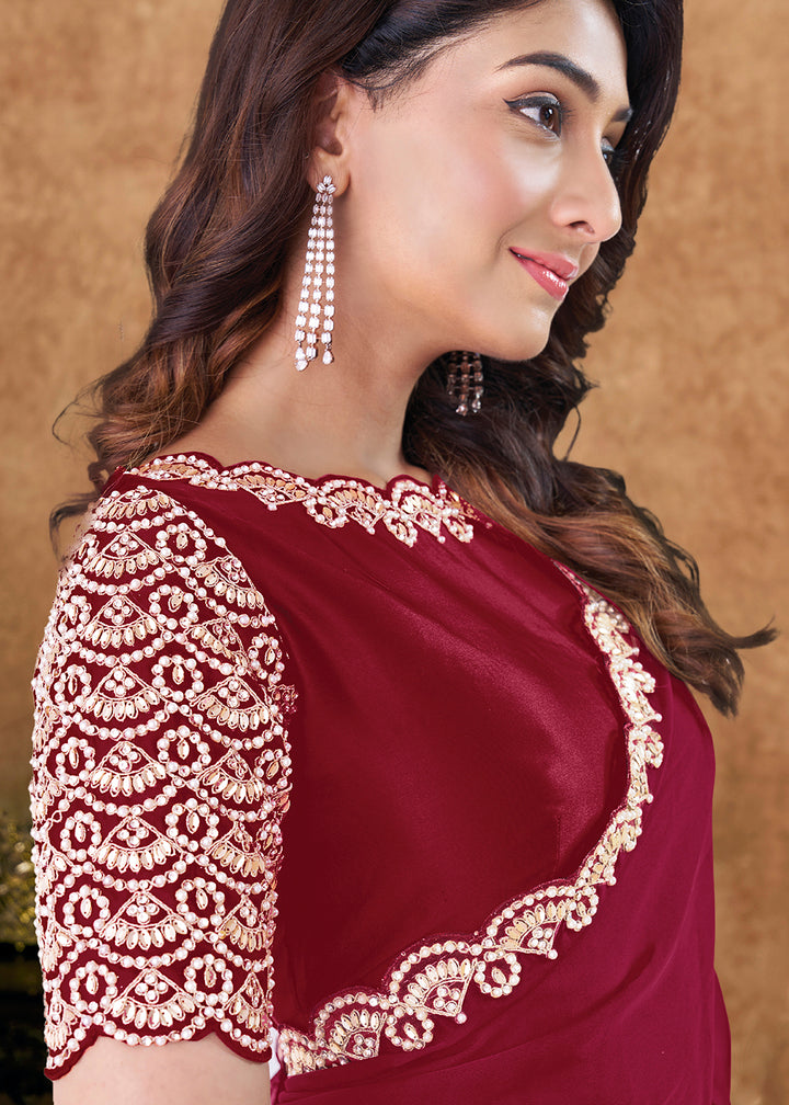 Buy Now Pure Maroon Embroidered Wedding Festive Wear Saree Online in US, UK, Canada, France, Germany, Denmark, Netherland, Sweden, UAE & Worldwide at Empress.