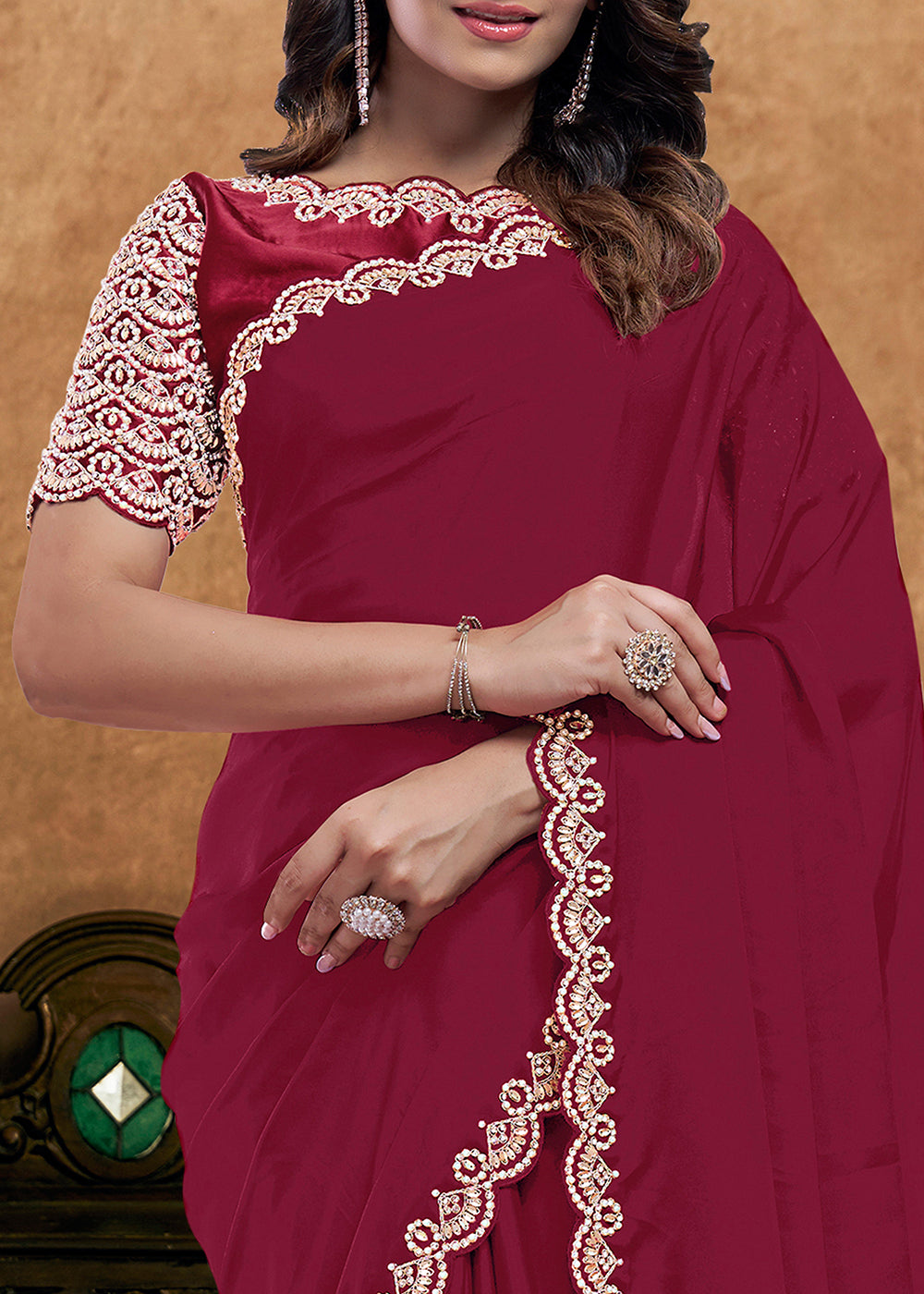 Buy Now Pure Maroon Embroidered Wedding Festive Wear Saree Online in US, UK, Canada, France, Germany, Denmark, Netherland, Sweden, UAE & Worldwide at Empress.