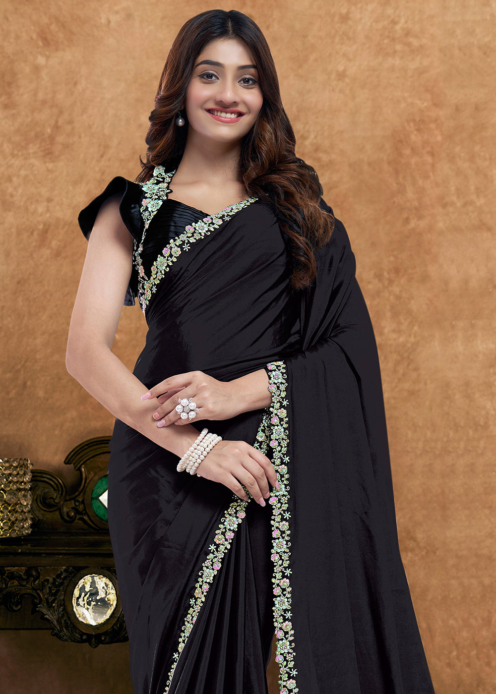 Buy Now Black Embroidered Wedding Festive Wear Saree Online in US, UK, Canada, France, Germany, Denmark, Netherland, Sweden, UAE & Worldwide at Empress.