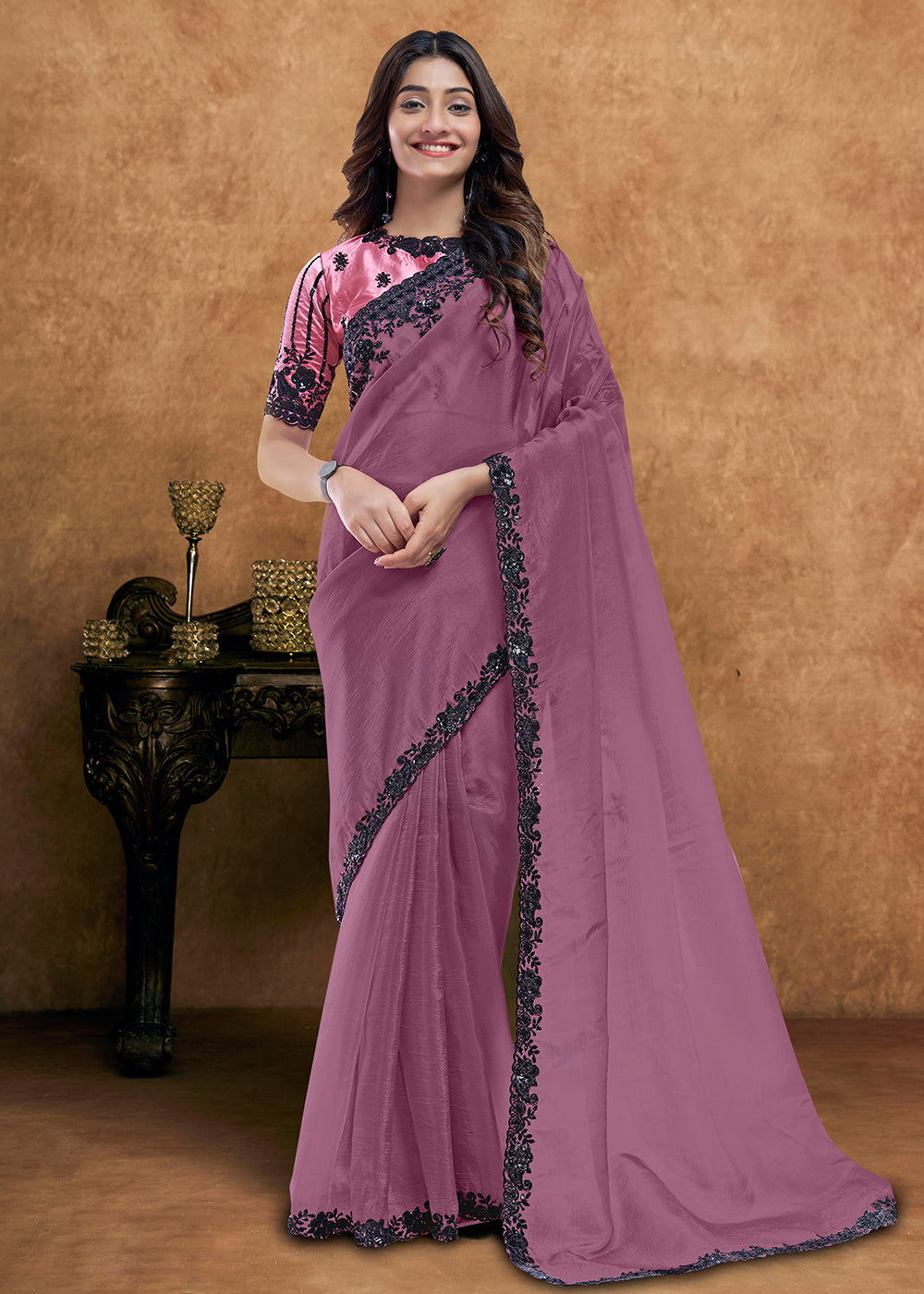 Buy Now Mauve Embroidered Wedding Festive Wear Saree Online in US, UK, Canada, France, Germany, Denmark, Netherland, Sweden, UAE & Worldwide at Empress.