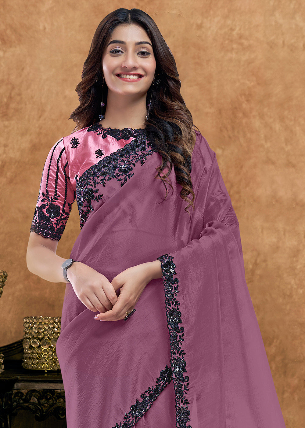 Buy Now Mauve Embroidered Wedding Festive Wear Saree Online in US, UK, Canada, France, Germany, Denmark, Netherland, Sweden, UAE & Worldwide at Empress.