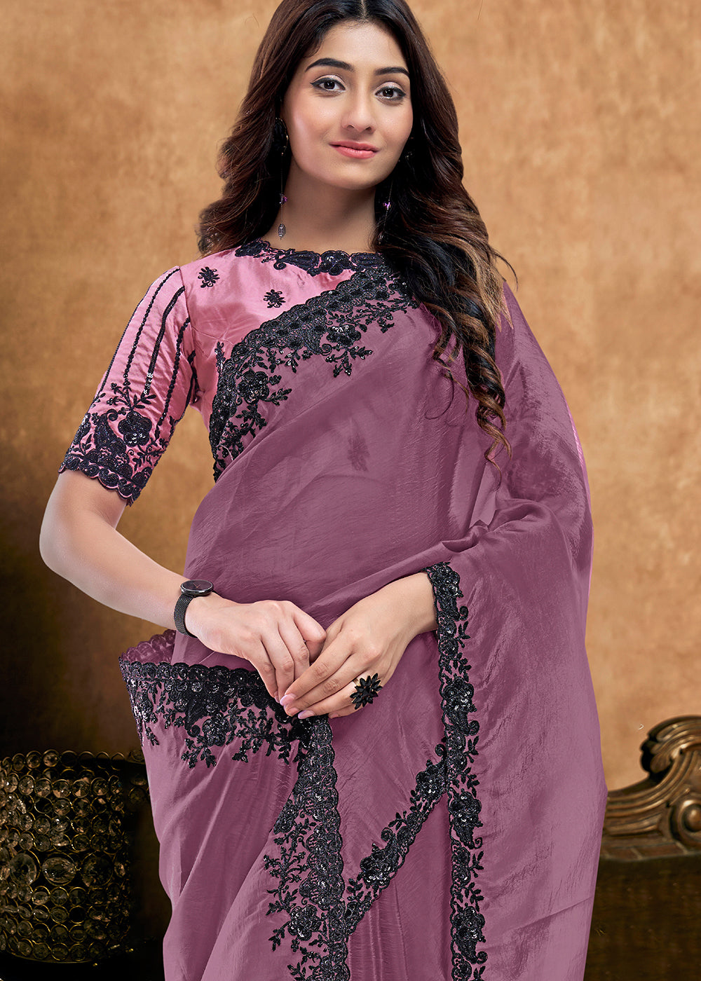 Buy Now Mauve Embroidered Wedding Festive Wear Saree Online in US, UK, Canada, France, Germany, Denmark, Netherland, Sweden, UAE & Worldwide at Empress.
