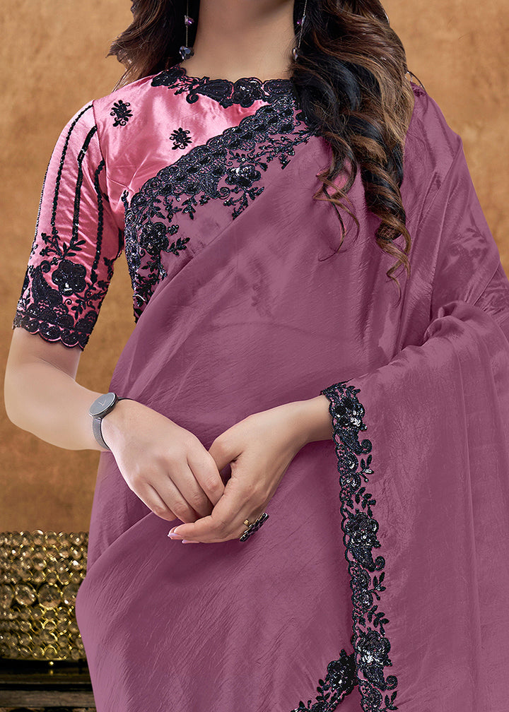 Buy Now Mauve Embroidered Wedding Festive Wear Saree Online in US, UK, Canada, France, Germany, Denmark, Netherland, Sweden, UAE & Worldwide at Empress.