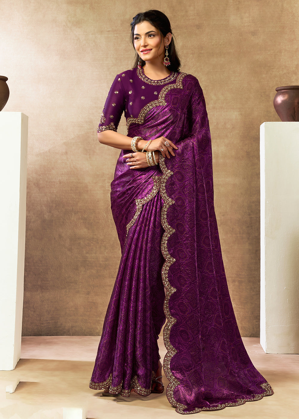 Buy Now Wine Two Tone Satin Silk Printed & Embroidered Festive Saree Online in US, UK, Canada, France, Germany, Denmark, Sweden, Spain & Worldwide at Empress.