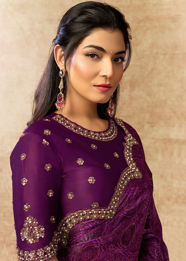 Buy Now Wine Two Tone Satin Silk Printed & Embroidered Festive Saree Online in US, UK, Canada, France, Germany, Denmark, Sweden, Spain & Worldwide at Empress.