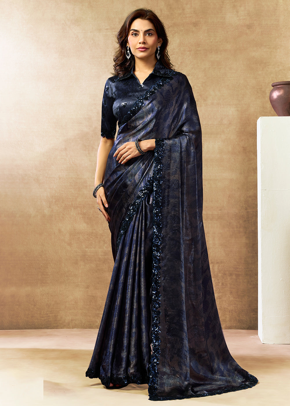 Buy Now Dark Blue Two Tone Satin Silk Printed & Embroidered Festive Saree Online in US, UK, Canada, France, Germany, Denmark, Sweden, UAE & Worldwide at Empress.