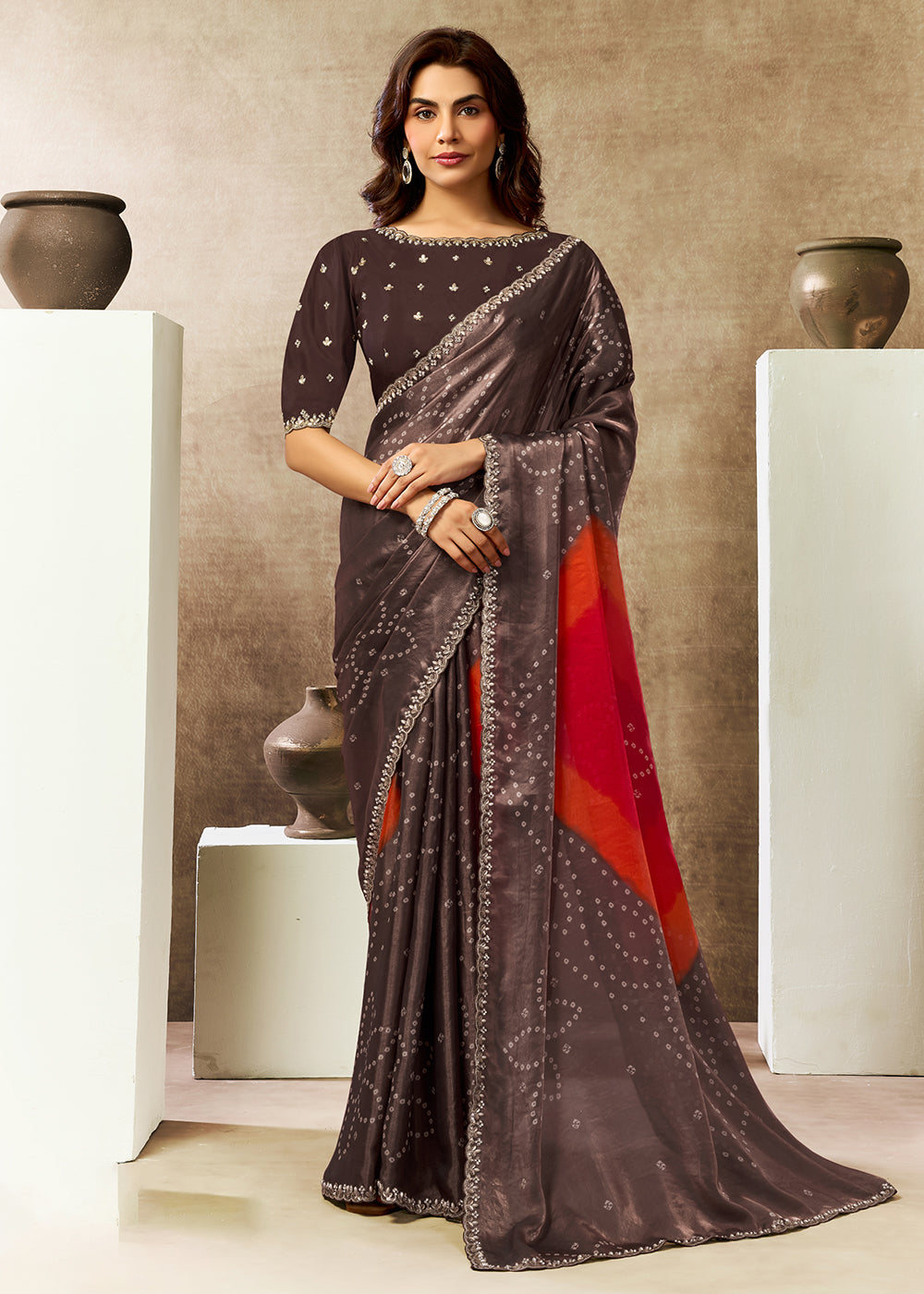 Buy Now Coffee Two Tone Satin Silk Printed & Embroidered Festive Saree Online in US, UK, Canada, France, Germany, Denmark, Sweden, UAE & Worldwide at Empress.
