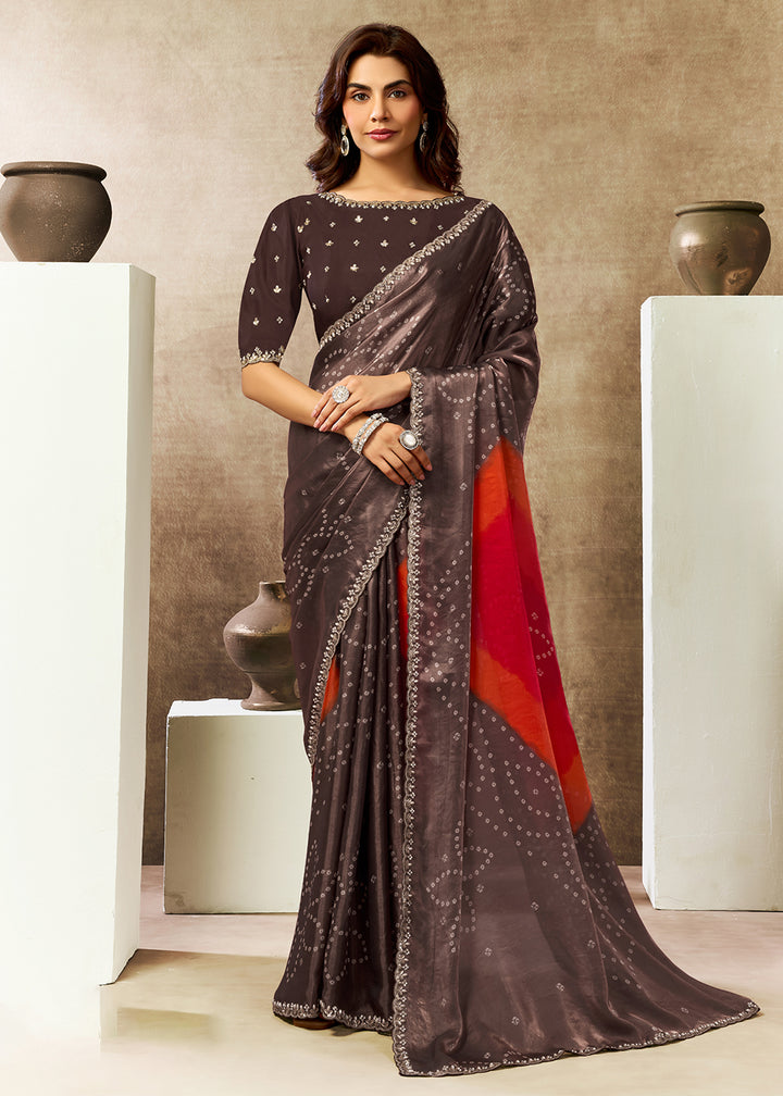 Buy Now Coffee Two Tone Satin Silk Printed & Embroidered Festive Saree Online in US, UK, Canada, France, Germany, Denmark, Sweden, UAE & Worldwide at Empress.