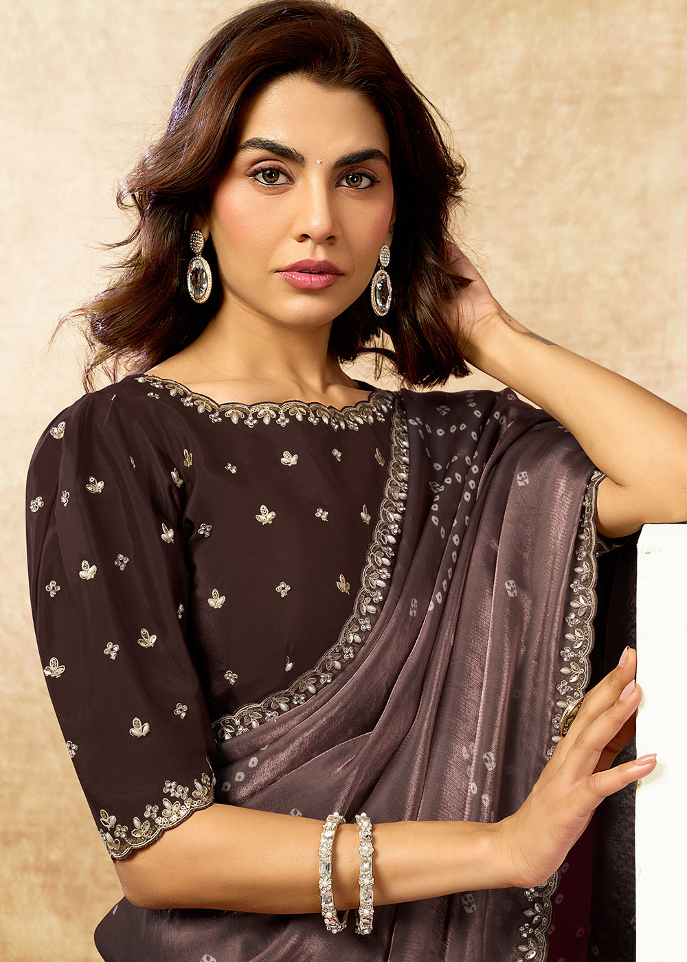 Buy Now Coffee Two Tone Satin Silk Printed & Embroidered Festive Saree Online in US, UK, Canada, France, Germany, Denmark, Sweden, UAE & Worldwide at Empress.