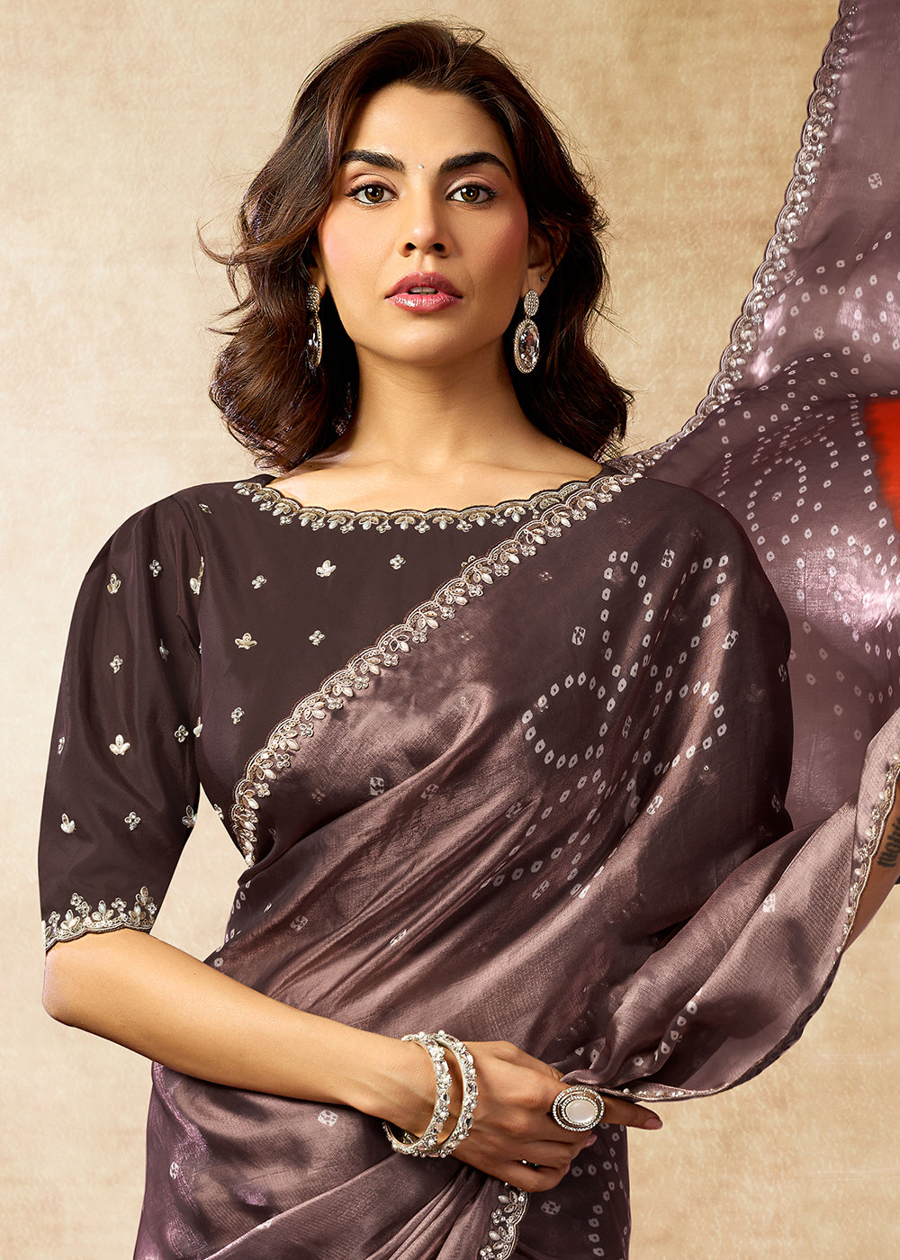 Buy Now Coffee Two Tone Satin Silk Printed & Embroidered Festive Saree Online in US, UK, Canada, France, Germany, Denmark, Sweden, UAE & Worldwide at Empress.