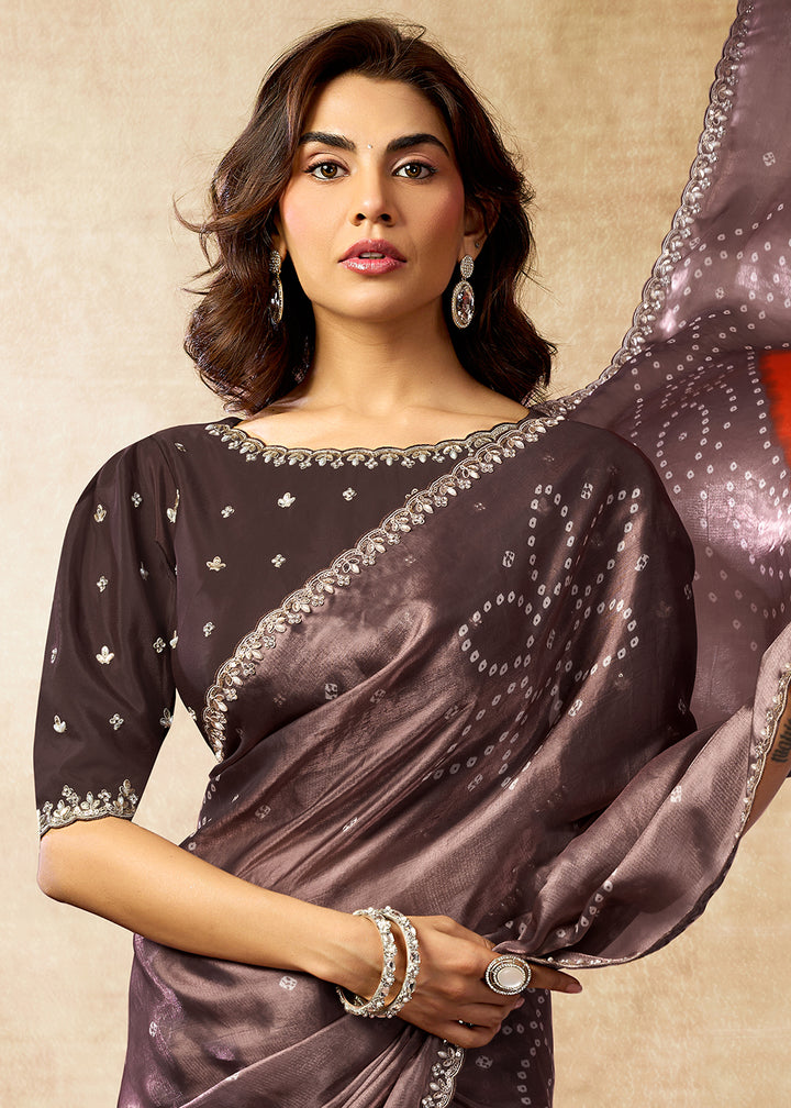 Buy Now Coffee Two Tone Satin Silk Printed & Embroidered Festive Saree Online in US, UK, Canada, France, Germany, Denmark, Sweden, UAE & Worldwide at Empress.