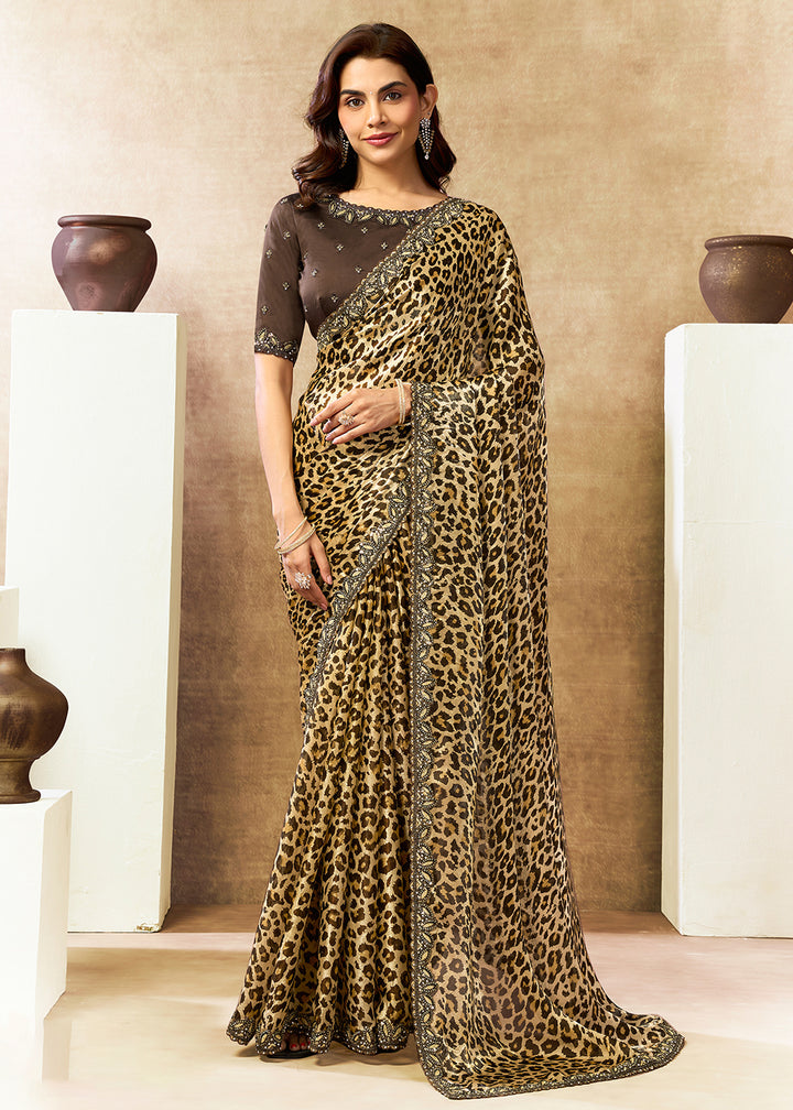 Buy Now Cream Two Tone Satin Silk Printed & Embroidered Festive Saree Online in US, UK, Canada, France, Germany, Denmark, Sweden, UAE & Worldwide at Empress.