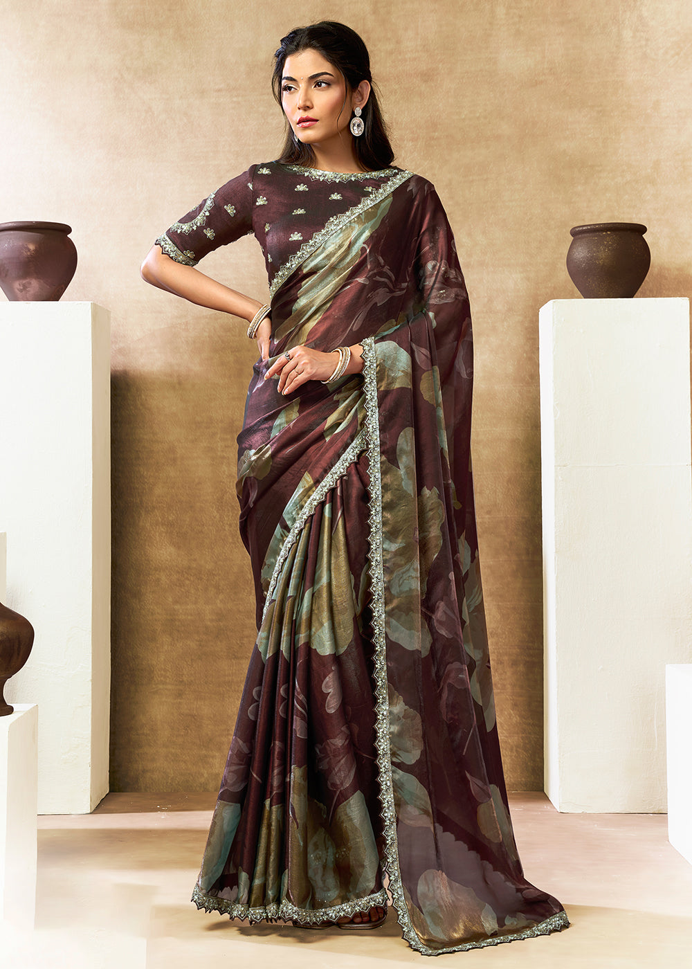 Buy Now Brown Two Tone Satin Silk Printed & Embroidered Festive Saree Online in US, UK, Canada, France, Germany, Denmark, Sweden, UAE & Worldwide at Empress.
