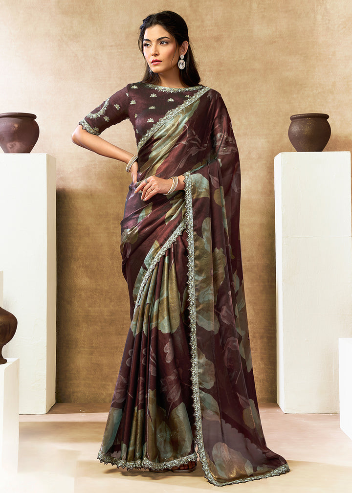 Buy Now Brown Two Tone Satin Silk Printed & Embroidered Festive Saree Online in US, UK, Canada, France, Germany, Denmark, Sweden, UAE & Worldwide at Empress.