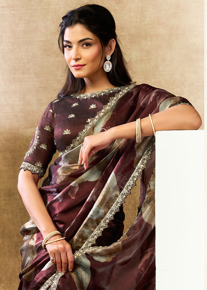 Buy Now Brown Two Tone Satin Silk Printed & Embroidered Festive Saree Online in US, UK, Canada, France, Germany, Denmark, Sweden, UAE & Worldwide at Empress.