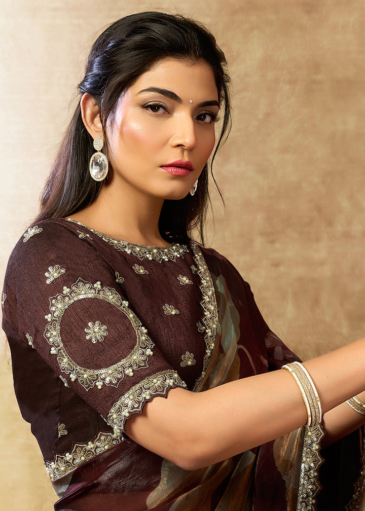 Buy Now Brown Two Tone Satin Silk Printed & Embroidered Festive Saree Online in US, UK, Canada, France, Germany, Denmark, Sweden, UAE & Worldwide at Empress.