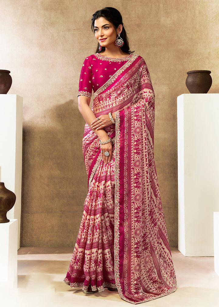 Buy Now Rani Pink Two Tone Satin Silk Printed & Embroidered Festive Saree Online in US, UK, Canada, France, Germany, Denmark, Sweden, UAE & Worldwide at Empress.