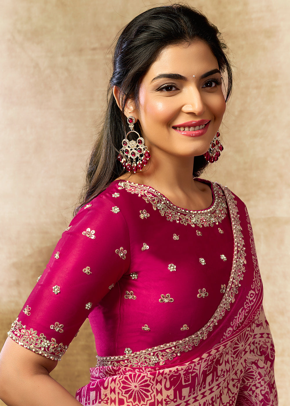 Buy Now Rani Pink Two Tone Satin Silk Printed & Embroidered Festive Saree Online in US, UK, Canada, France, Germany, Denmark, Sweden, UAE & Worldwide at Empress.