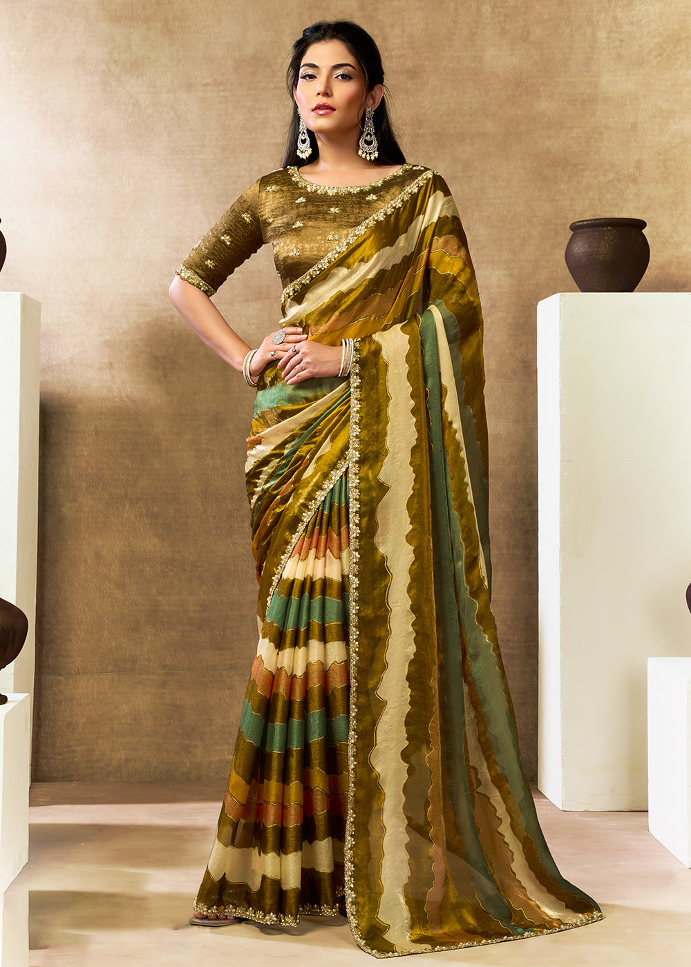 Buy Now Mustard Two Tone Satin Silk Printed & Embroidered Festive Saree Online in US, UK, Canada, France, Germany, Denmark, Sweden, UAE & Worldwide at Empress.