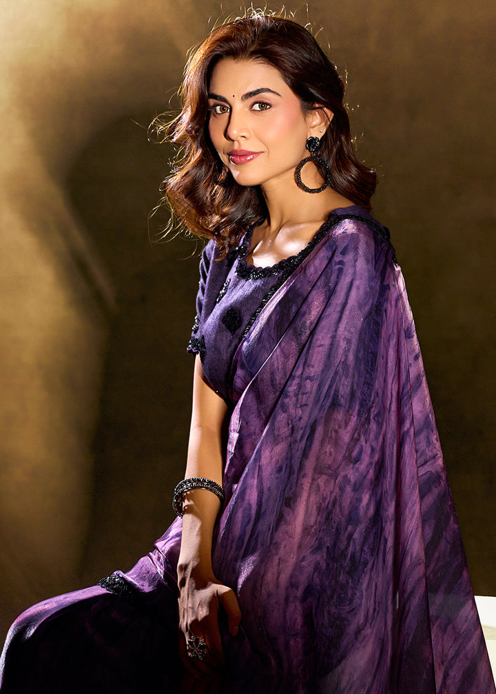 Buy Now Purple Two Tone Satin Silk Printed & Embroidered Festive Saree Online in US, UK, Canada, France, Germany, Denmark, Sweden, UAE & Worldwide at Empress.