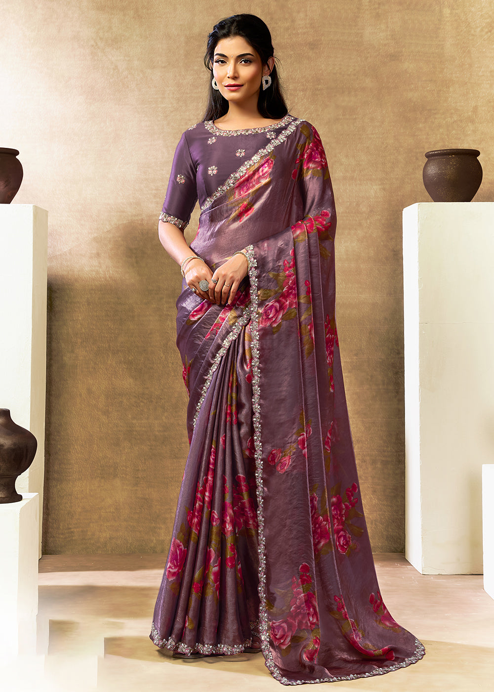 Buy Now Mauve Two Tone Satin Silk Printed & Embroidered Festive Saree Online in US, UK, Canada, France, Germany, Denmark, Sweden, UAE & Worldwide at Empress.
