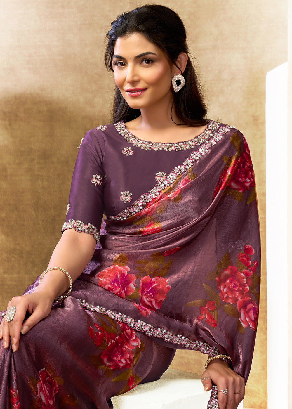 Buy Now Mauve Two Tone Satin Silk Printed & Embroidered Festive Saree Online in US, UK, Canada, France, Germany, Denmark, Sweden, UAE & Worldwide at Empress.