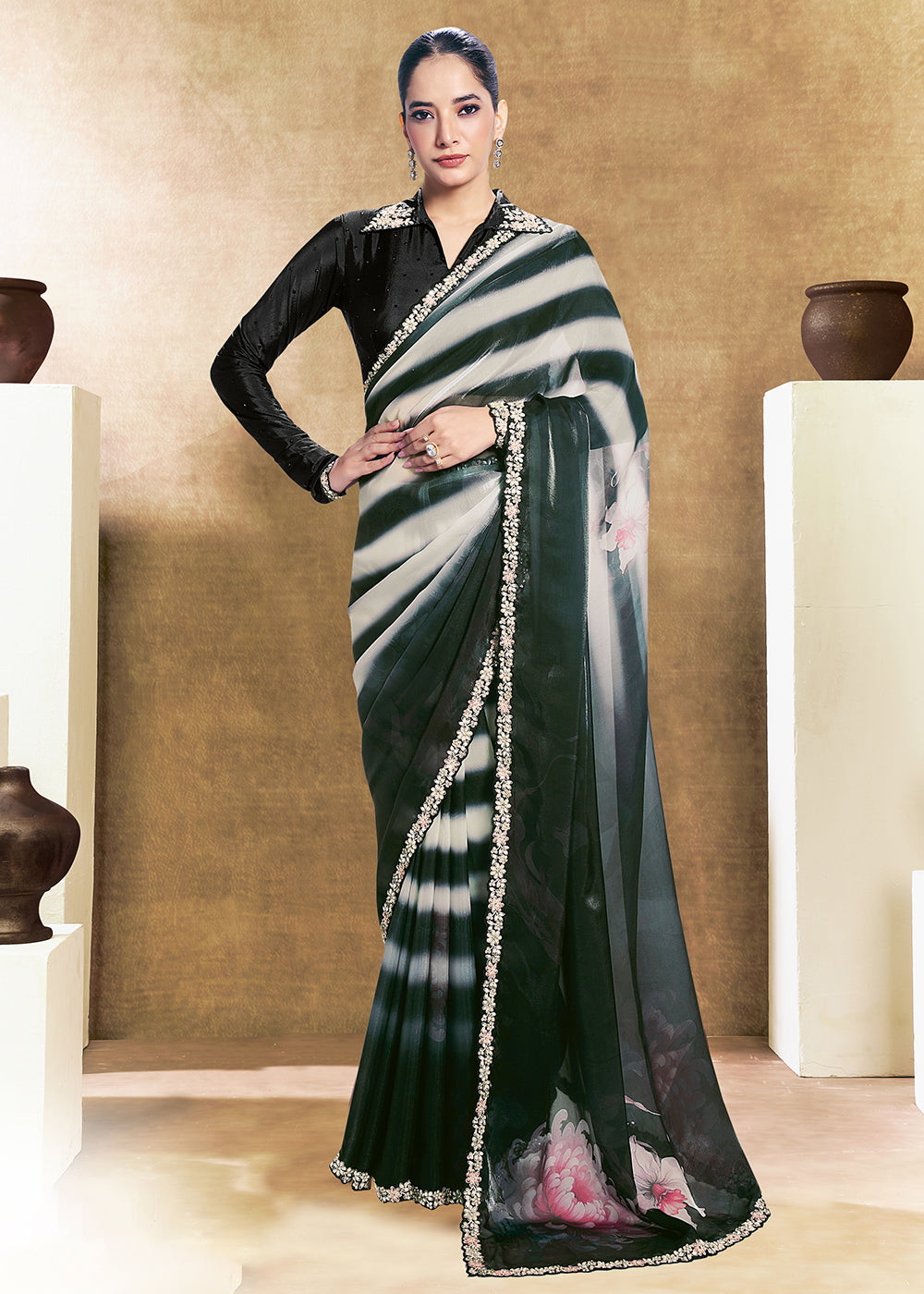 Buy Now Black Two Tone Satin Silk Printed & Embroidered Festive Saree Online in US, UK, Canada, France, Germany, Denmark, Sweden, UAE & Worldwide at Empress.