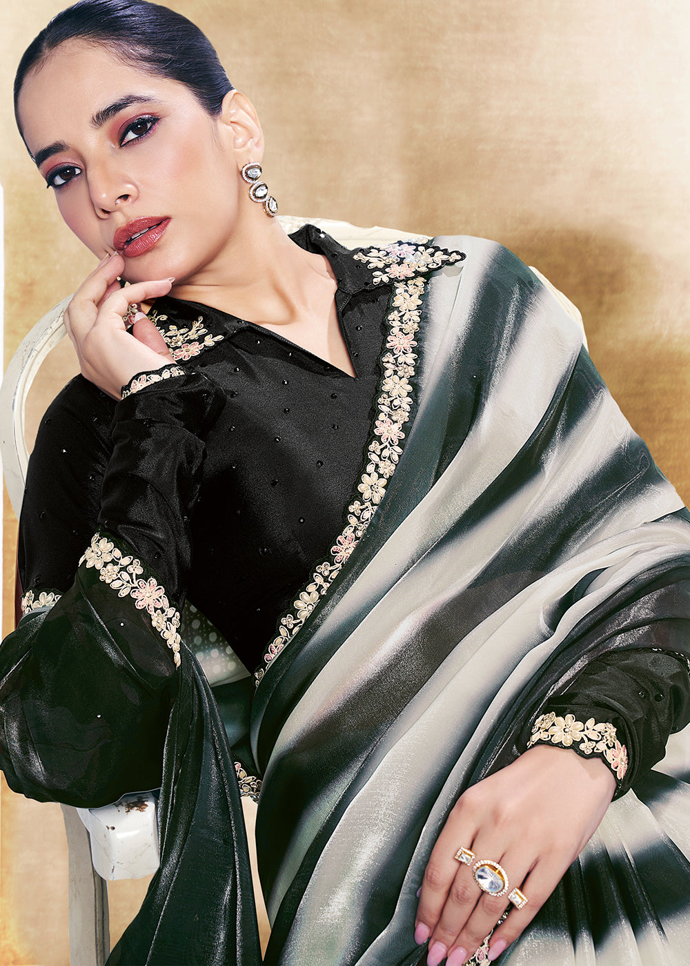 Buy Now Black Two Tone Satin Silk Printed & Embroidered Festive Saree Online in US, UK, Canada, France, Germany, Denmark, Sweden, UAE & Worldwide at Empress.