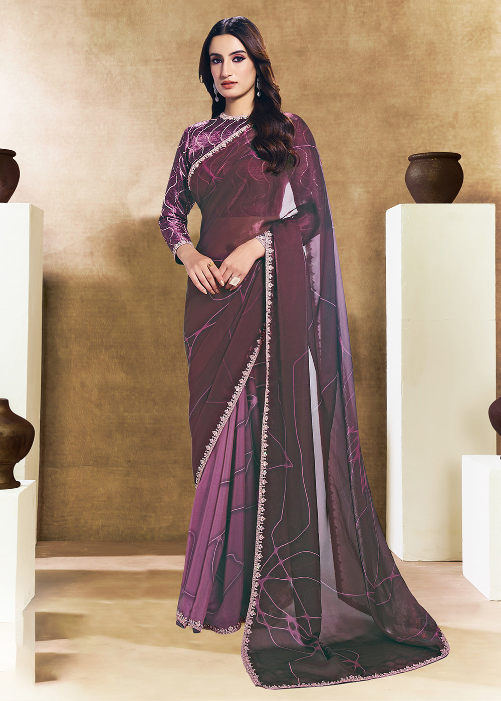 Buy Now Wine Two Tone Satin Silk Printed & Embroidered Festive Saree Online in US, UK, Canada, France, Germany, Denmark, Sweden, UAE & Worldwide at Empress.