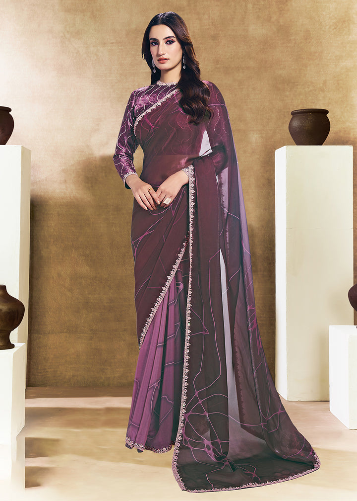 Buy Now Wine Two Tone Satin Silk Printed & Embroidered Festive Saree Online in US, UK, Canada, France, Germany, Denmark, Sweden, UAE & Worldwide at Empress.