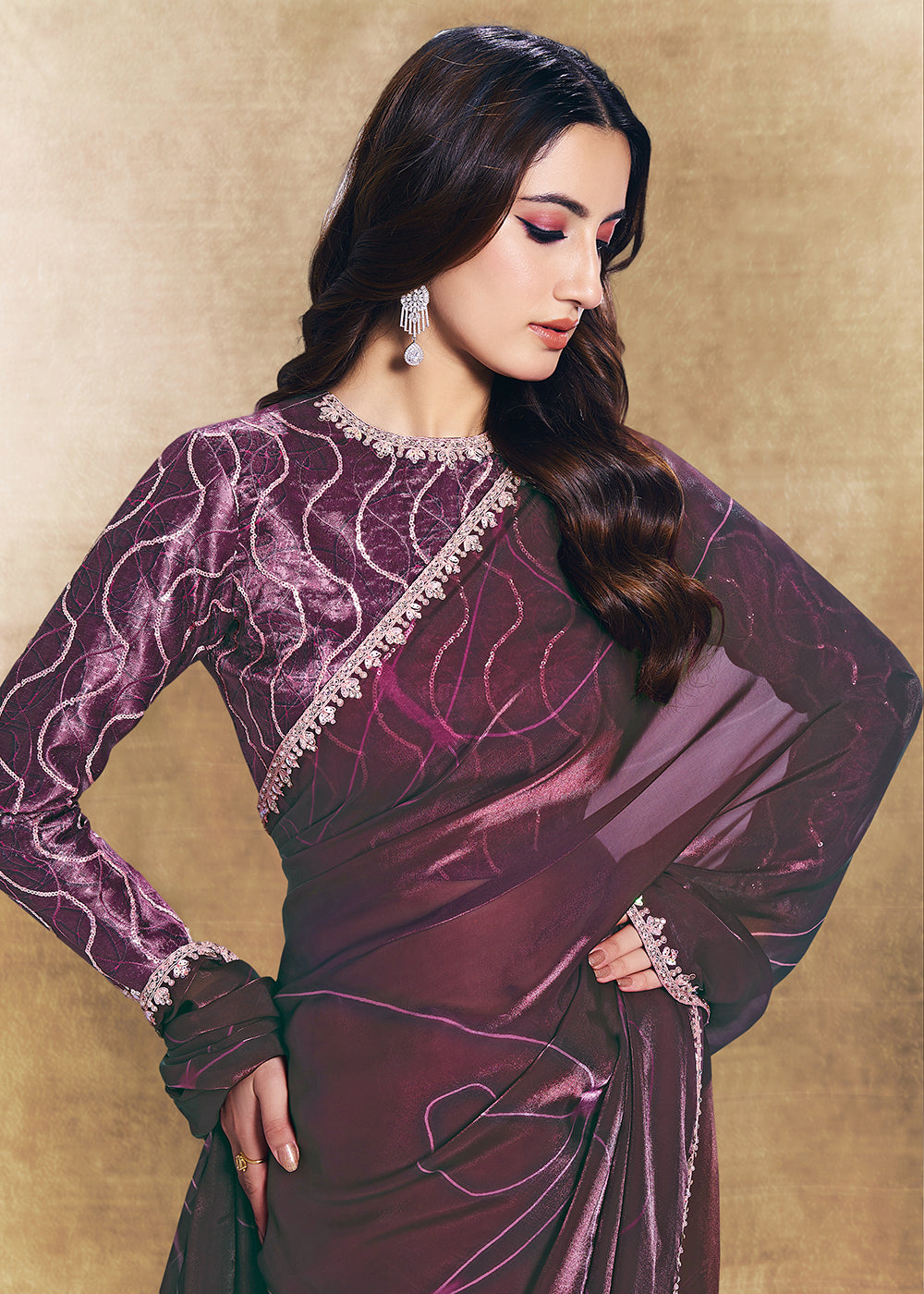 Buy Now Wine Two Tone Satin Silk Printed & Embroidered Festive Saree Online in US, UK, Canada, France, Germany, Denmark, Sweden, UAE & Worldwide at Empress.