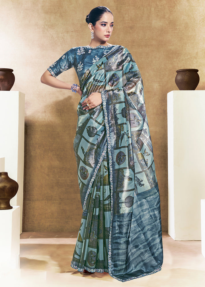 Buy Now Blue Two Tone Satin Silk Printed & Embroidered Festive Saree Online in US, UK, Canada, France, Germany, Denmark, Sweden, UAE & Worldwide at Empress.