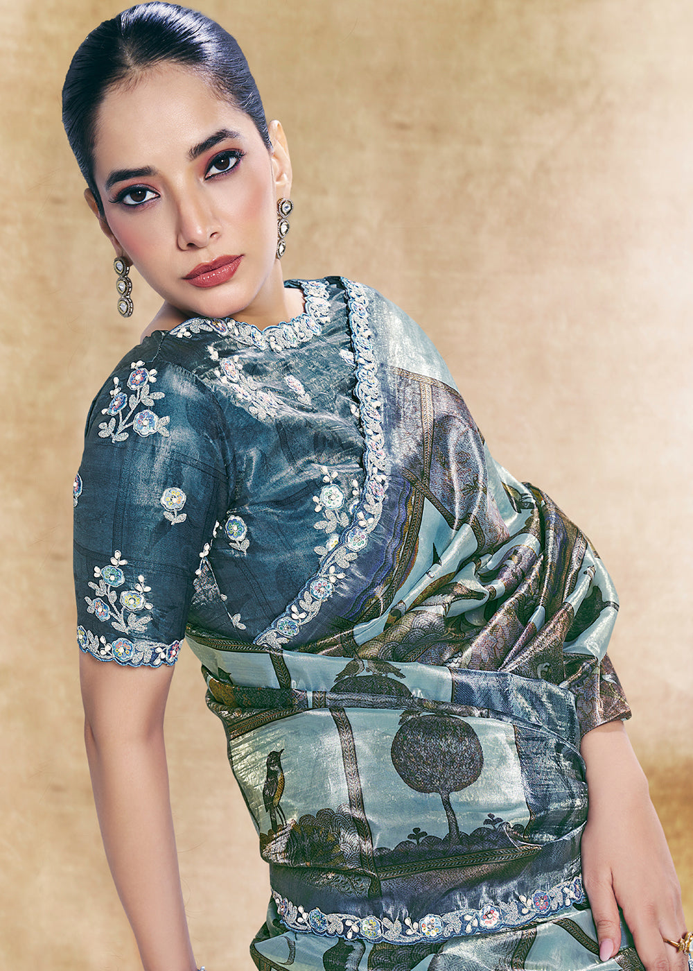Buy Now Blue Two Tone Satin Silk Printed & Embroidered Festive Saree Online in US, UK, Canada, France, Germany, Denmark, Sweden, UAE & Worldwide at Empress.