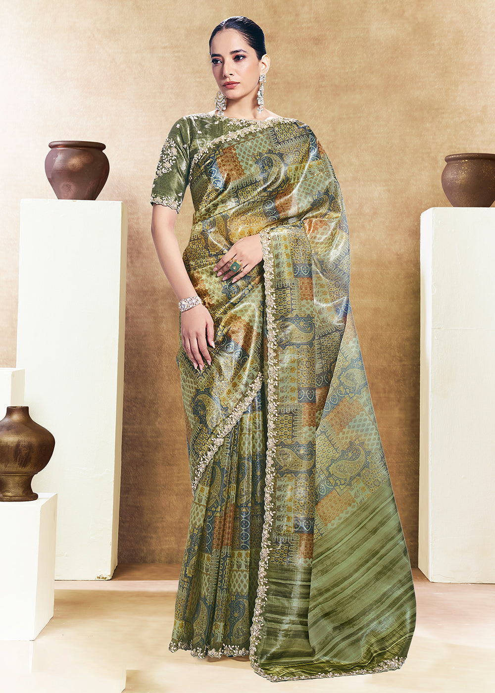 Buy Now Green Two Tone Satin Silk Printed & Embroidered Festive Saree Online in US, UK, Canada, France, Germany, Denmark, Sweden, UAE & Worldwide at Empress.