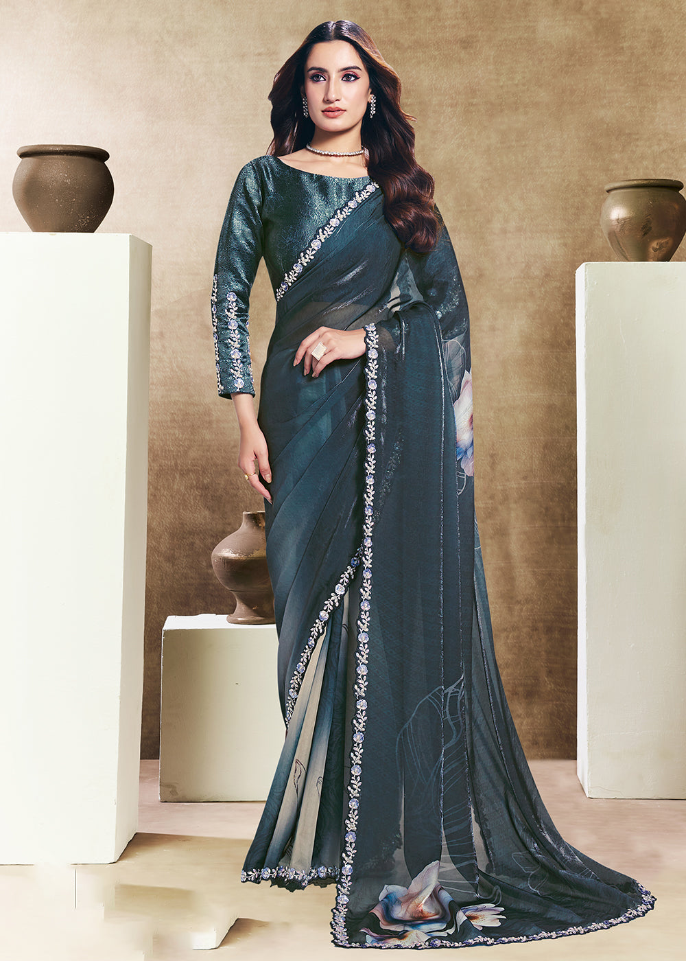 Buy Now Teal Two Tone Satin Silk Printed & Embroidered Festive Saree Online in US, UK, Canada, France, Germany, Denmark, Sweden, UAE & Worldwide at Empress.