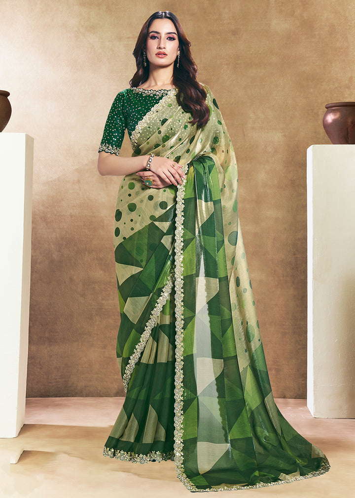 Buy Now Green Two Tone Satin Silk Printed & Embroidered Festive Saree Online in US, UK, Canada, France, Germany, Denmark, Sweden, UAE & Worldwide at Empress.