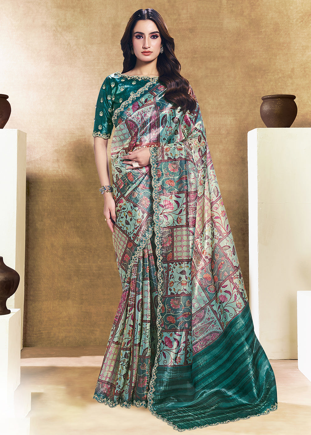 Buy Now Rama Green Two Tone Satin Silk Printed & Embroidered Festive Saree Online in US, UK, Canada, France, Germany, Denmark, Sweden, UAE & Worldwide at Empress.
