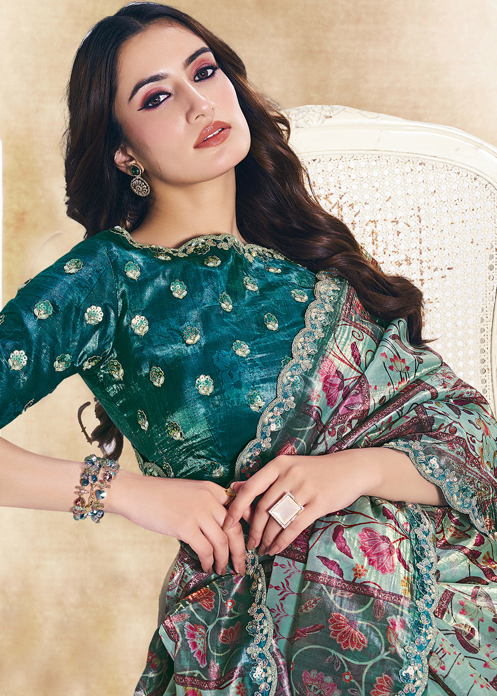 Buy Now Rama Green Two Tone Satin Silk Printed & Embroidered Festive Saree Online in US, UK, Canada, France, Germany, Denmark, Sweden, UAE & Worldwide at Empress.