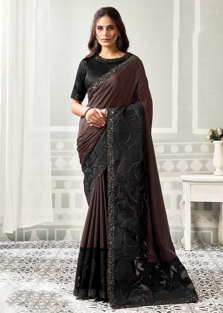 Buy Now Black &amp; Brown Embroidered Designer Festive Party Wear Saree Online in US, UK, Canada, France, Germany, Denmark, Sweden, Italy &amp; Worldwide at Empress.