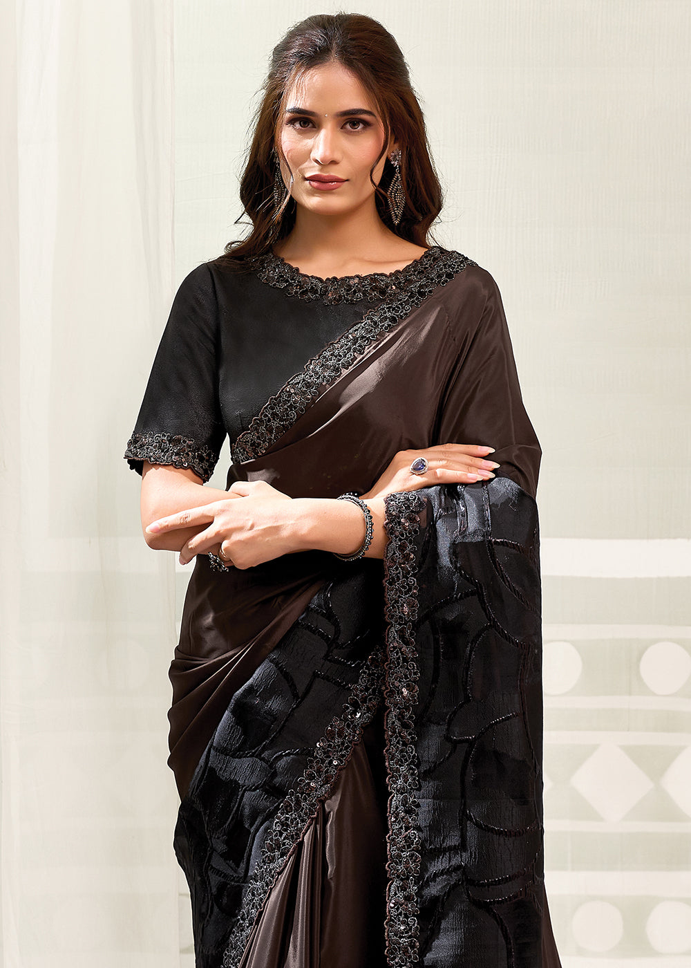 Buy Now Black &amp; Brown Embroidered Designer Festive Party Wear Saree Online in US, UK, Canada, France, Germany, Denmark, Sweden, Italy &amp; Worldwide at Empress.