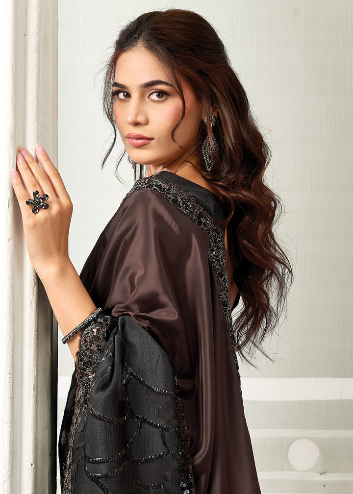 Buy Now Black &amp; Brown Embroidered Designer Festive Party Wear Saree Online in US, UK, Canada, France, Germany, Denmark, Sweden, Italy &amp; Worldwide at Empress.